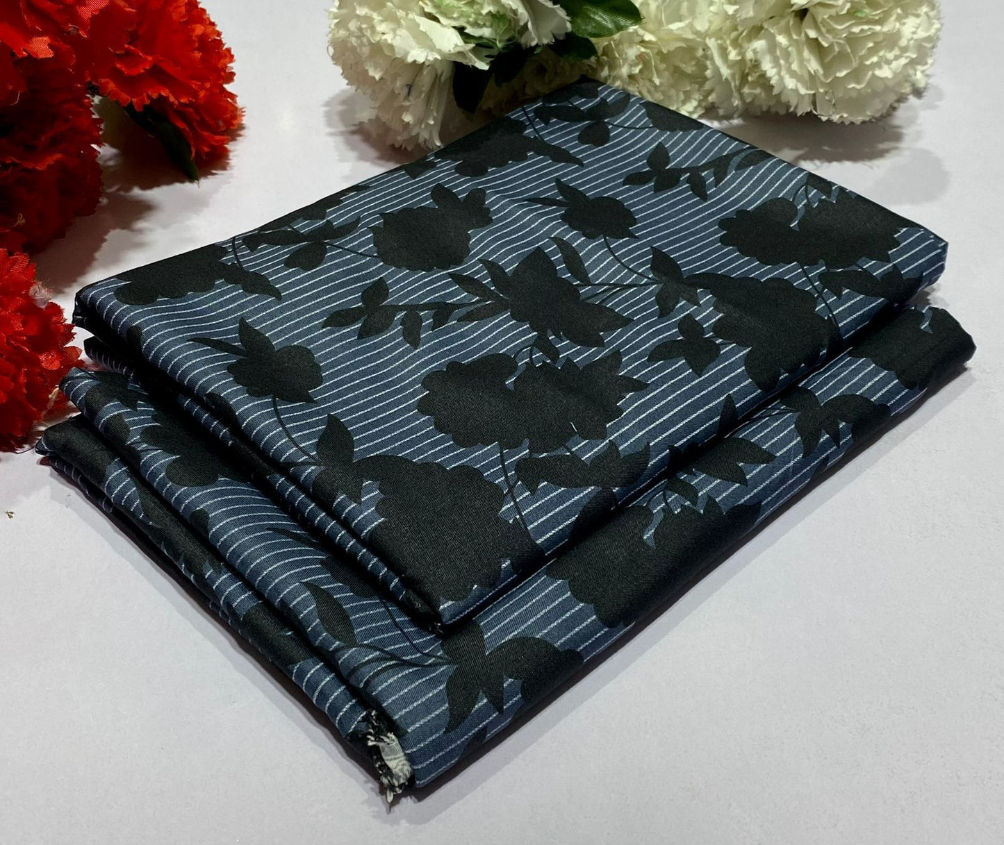 Unstitched Shadow Blossom-deep blue background, crisp white vertical stripes - Up Trends