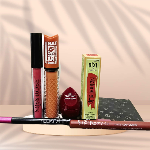 Bundle 6 - 1 Pixi Lipstick, 1 Flormar Lip Liner, 1 Miss Rose Gloss, Natte Lip Gloss, Huda Beauty Lip Liner. - Up Trends