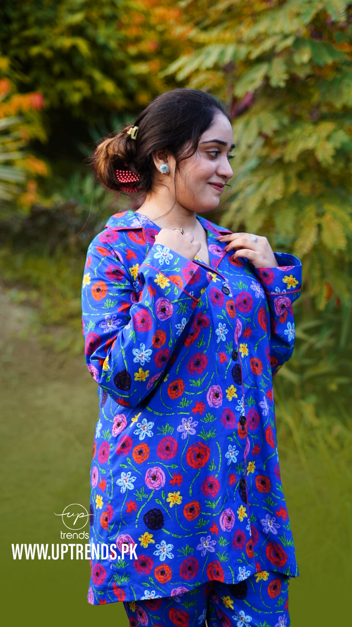 Pure Cotton Night Suit – Stitched & Ready to Lounge - Floral Blue - Up Trends