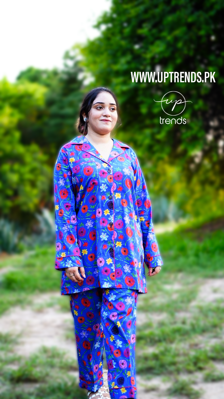 Pure Cotton Night Suit – Stitched & Ready to Lounge - Floral Blue - Up Trends