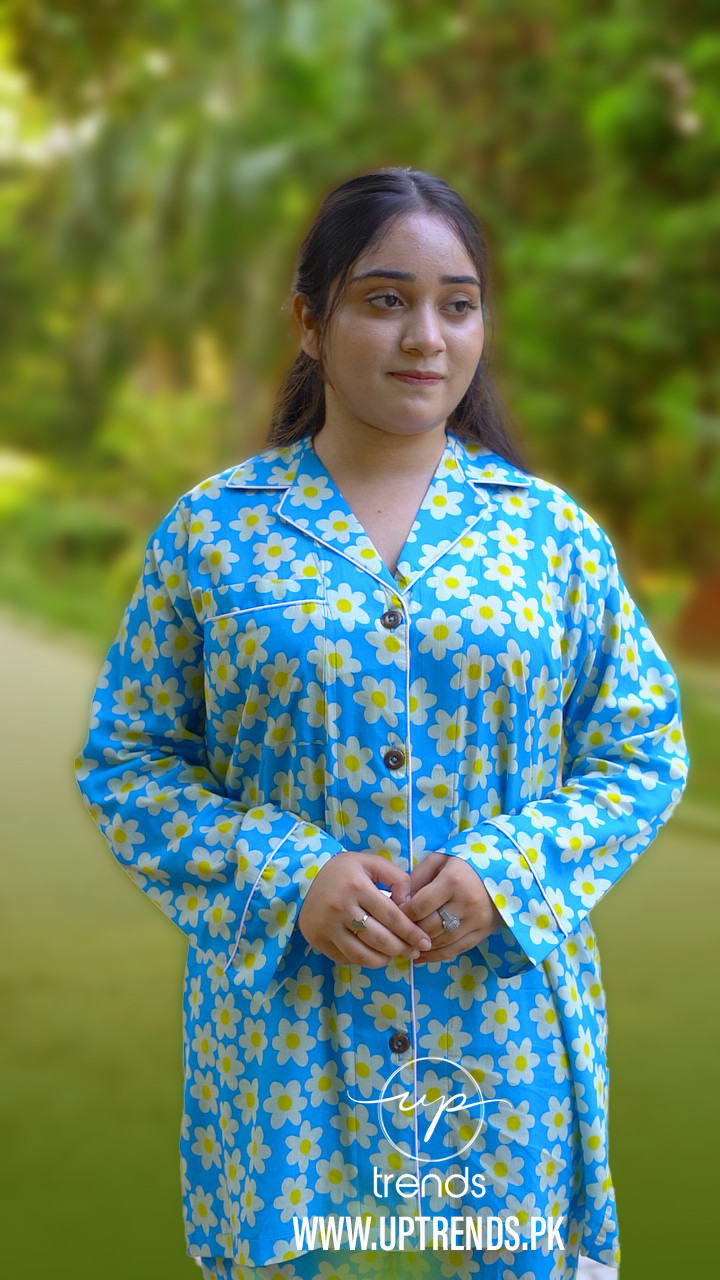 Pure Cotton Night Suit – Stitched & Ready to Lounge - Sky Blue - Up Trends