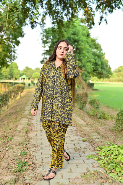 Pure Cotton Night Suit – Stitched & Ready to Lounge - Yellow & Black - Up Trends
