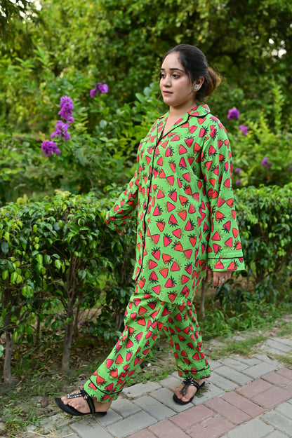 Pure Cotton Night Suit – Stitched & Ready to Lounge - Green - Up Trends