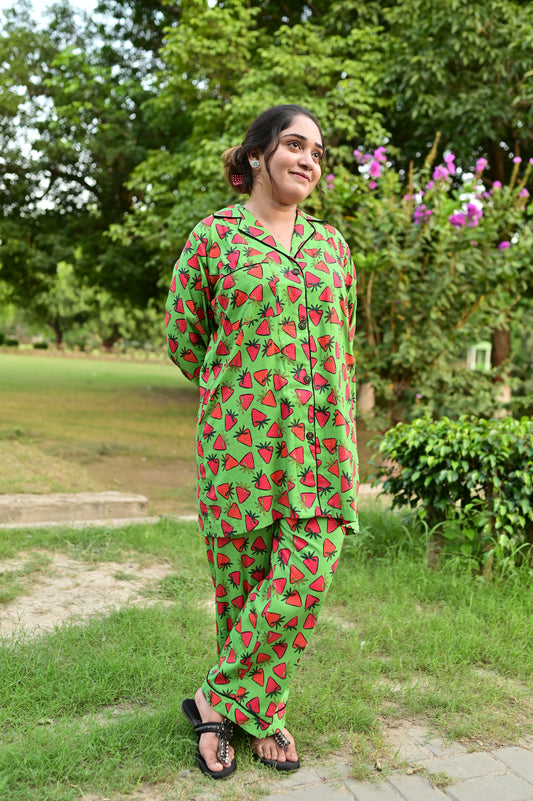 Pure Cotton Night Suit – Stitched & Ready to Lounge - Green - Up Trends
