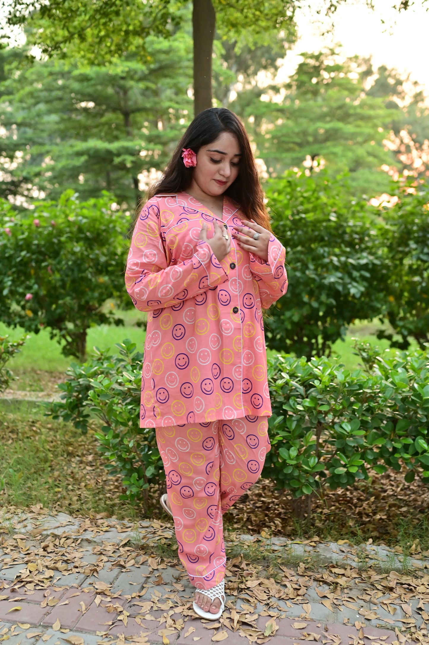 Pure Cotton Night Suit – Stitched & Ready to Lounge - Smiley Pink - Up Trends