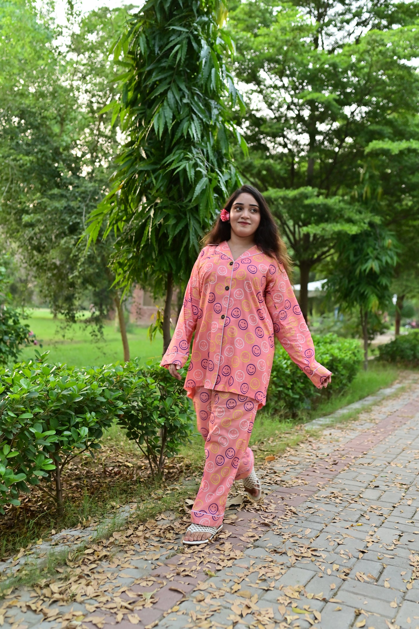 Pure Cotton Night Suit – Stitched & Ready to Lounge - Smiley Pink - Up Trends
