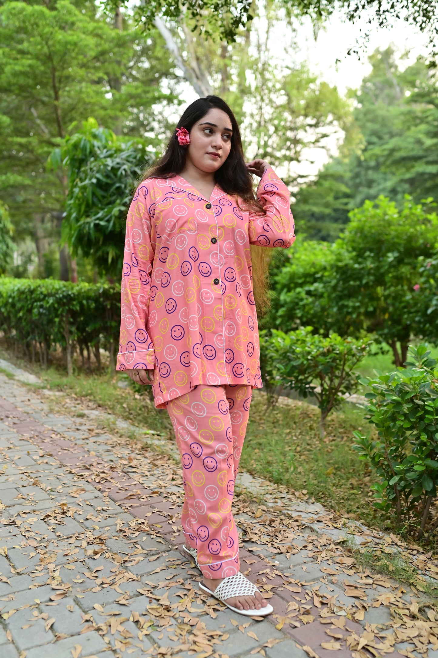 Pure Cotton Night Suit – Stitched & Ready to Lounge - Smiley Pink - Up Trends