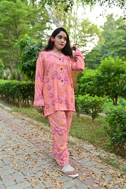 Pure Cotton Night Suit – Stitched & Ready to Lounge - Smiley Pink - Up Trends