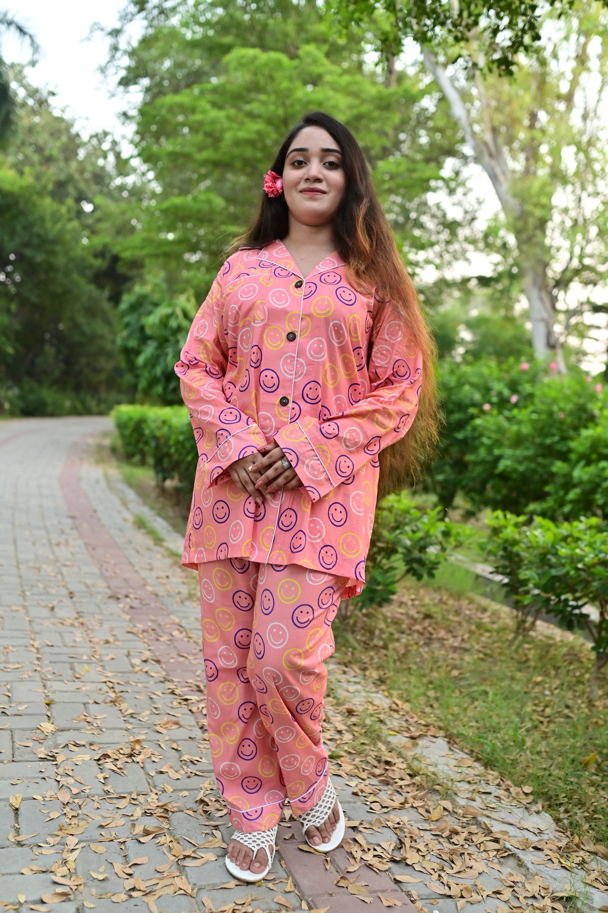 Pure Cotton Night Suit – Stitched & Ready to Lounge - Smiley Pink - Up Trends