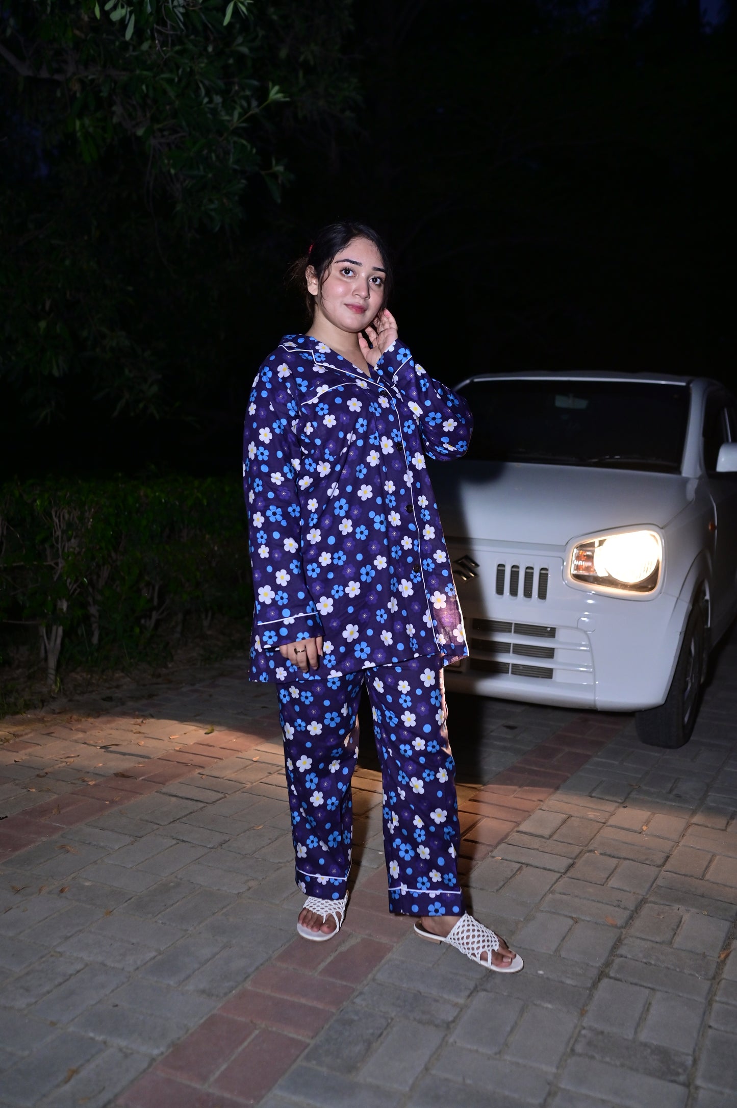 Pure Cotton Night Suit – Stitched & Ready to Lounge - Blue & White - Up Trends