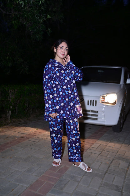 Pure Cotton Night Suit – Stitched & Ready to Lounge - Blue & White - Up Trends