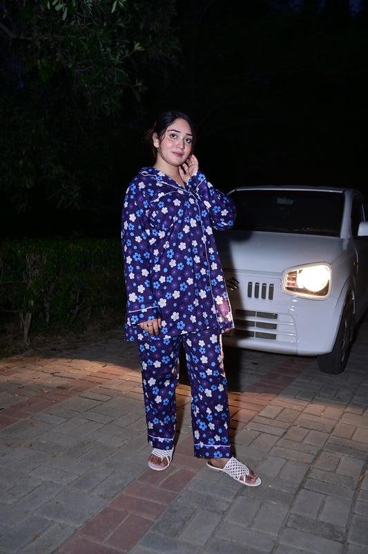 Pure Cotton Night Suit – Stitched & Ready to Lounge - Blue & White - Up Trends