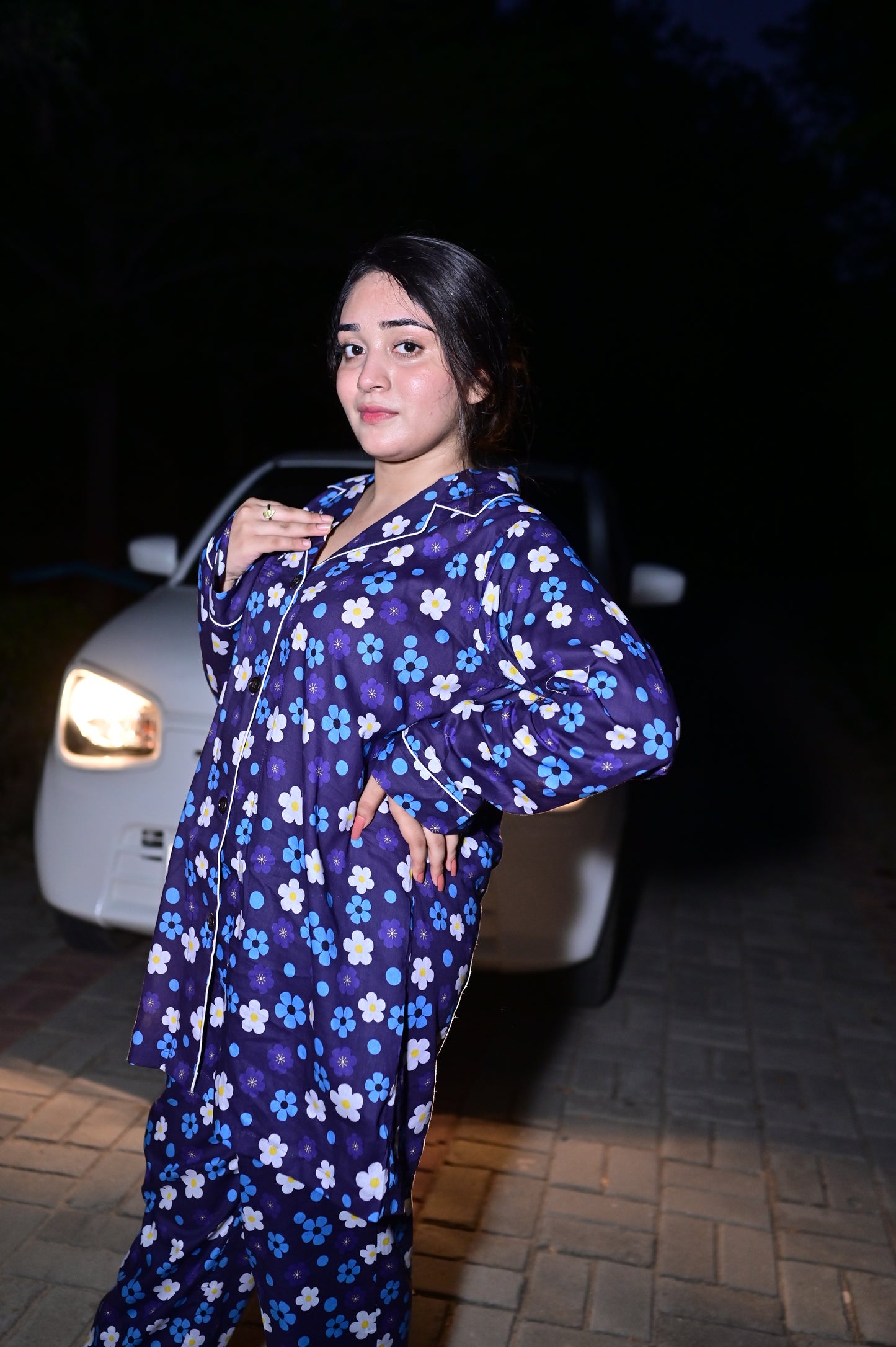 Pure Cotton Night Suit – Stitched & Ready to Lounge - Blue & White - Up Trends