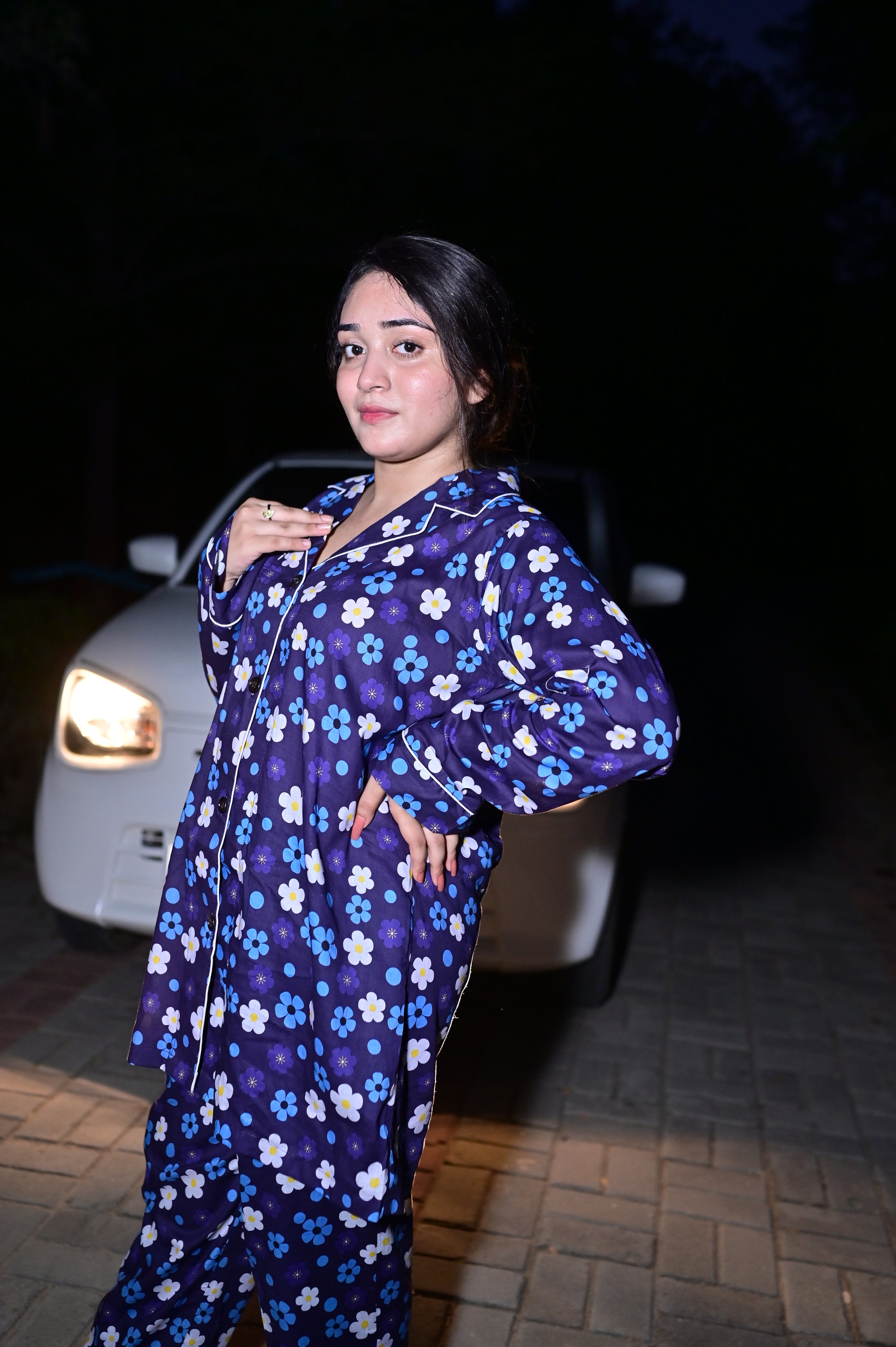 Pure Cotton Night Suit – Stitched & Ready to Lounge - Blue & White - Up Trends