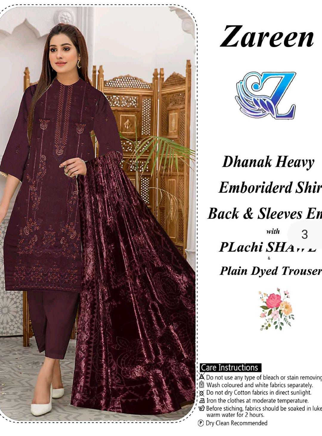 Zareen-Dhanak Heavy Embroided 3-Piece-Deep Maroon - Up Trends