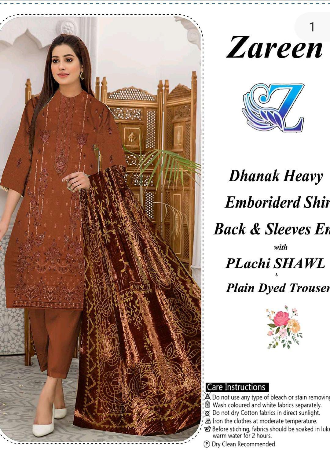 Zareen-Dhanak Heavy Embroided 3-Piece- Chocolate Brown - Up Trends