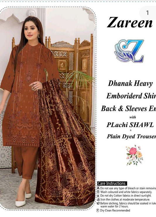 Zareen-Dhanak Heavy Embroided 3-Piece- Chocolate Brown - Up Trends