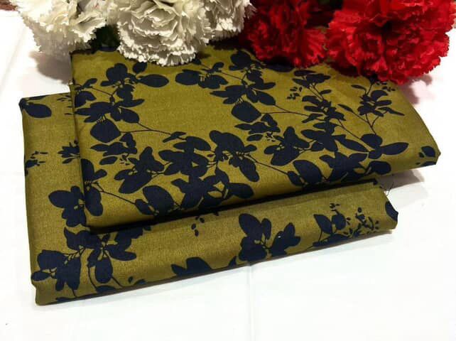 Unstitched-Olive Bloom with olive green base and dark blue floral print - Up Trends