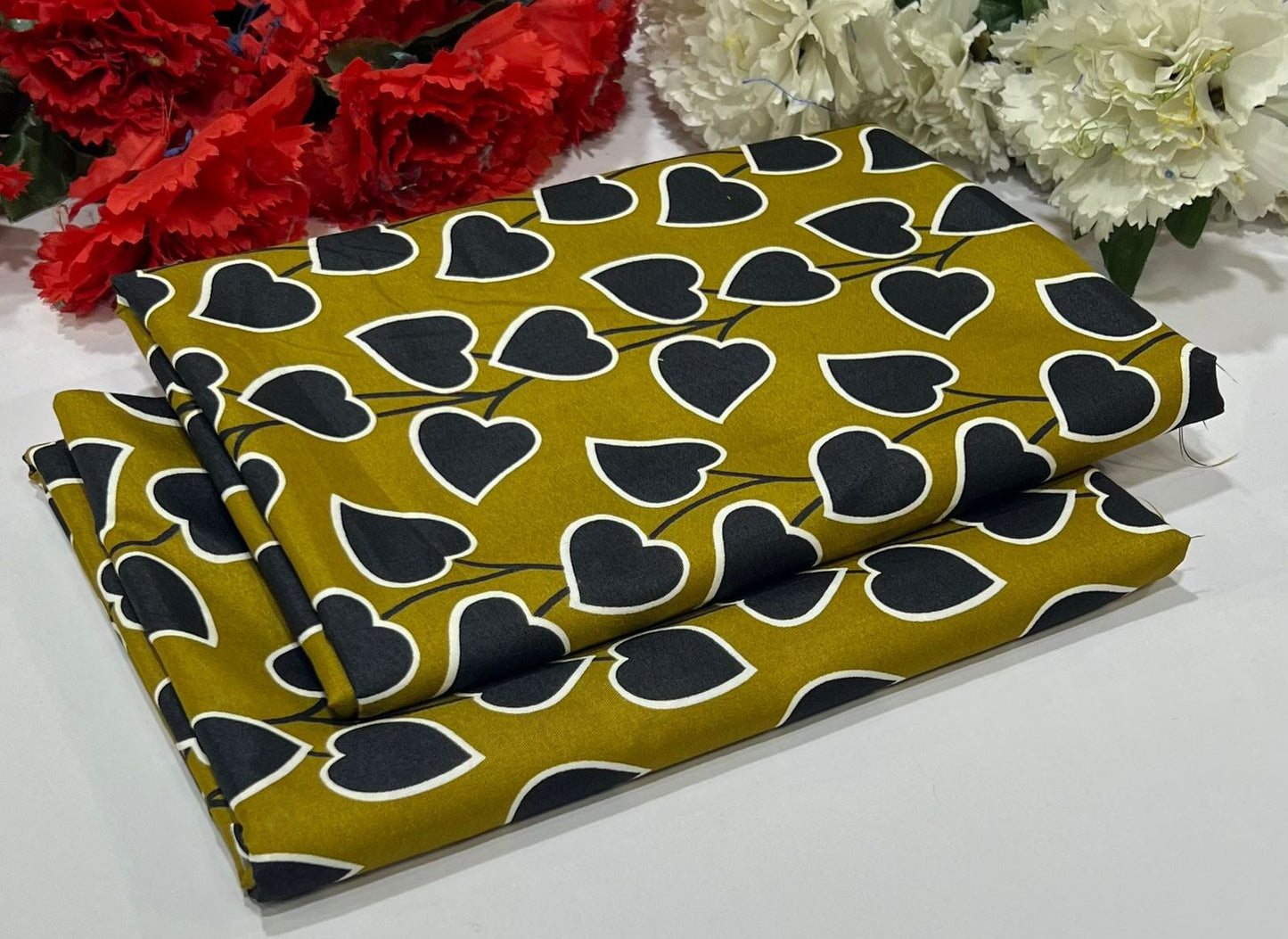Unstitched Loveleaf-mustard yellow base and black heart-shaped leaves connected by white stems - Up Trends