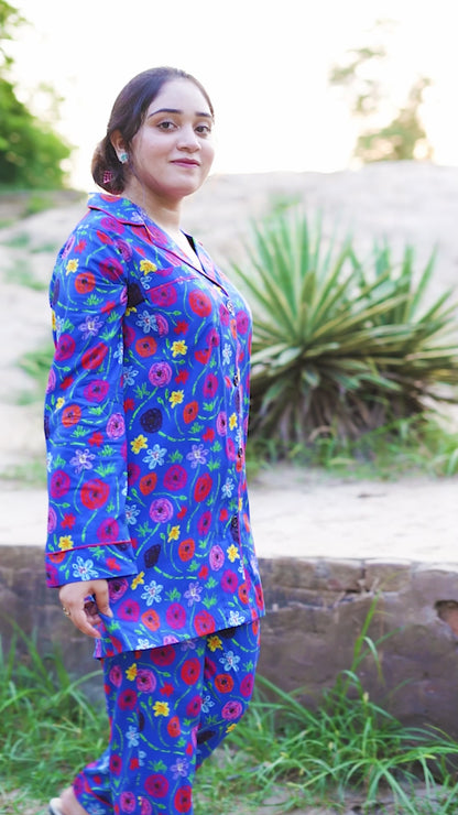 Pure Cotton Night Suit – Stitched & Ready to Lounge - Floral Blue